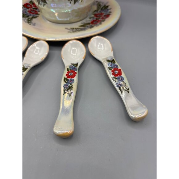 Vtg Honey Jar w 6 Spoons Lustreware Iridescent Floral Ceramic - Picture 4 of 10